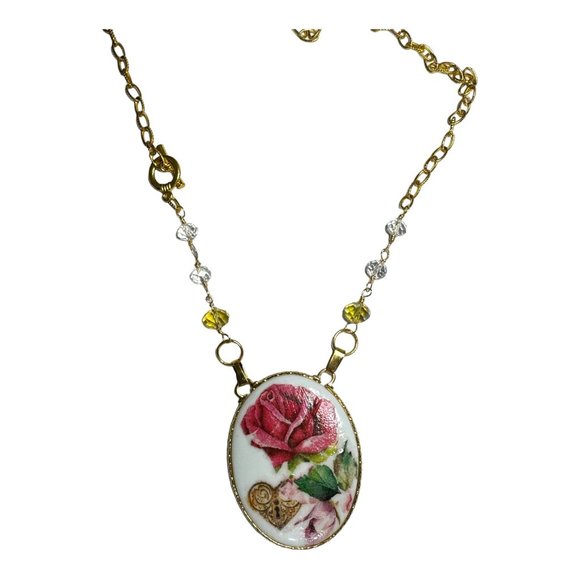 Ceramic VNTG Decoupaged Artisan Pendant W/ Sterling Wire & Multifaceted Crystals - Picture 5 of 13